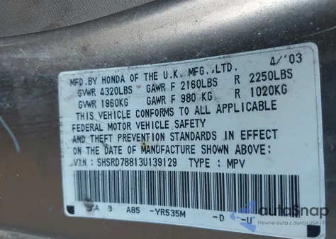 2003 Honda Cr-V Ex из США, поврежденный, VIN SHSRD78813U139129